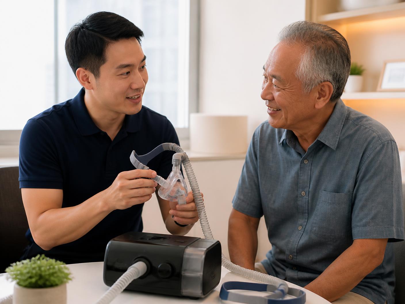 Comooz Health specialist explaining a CPAP machine to a customer